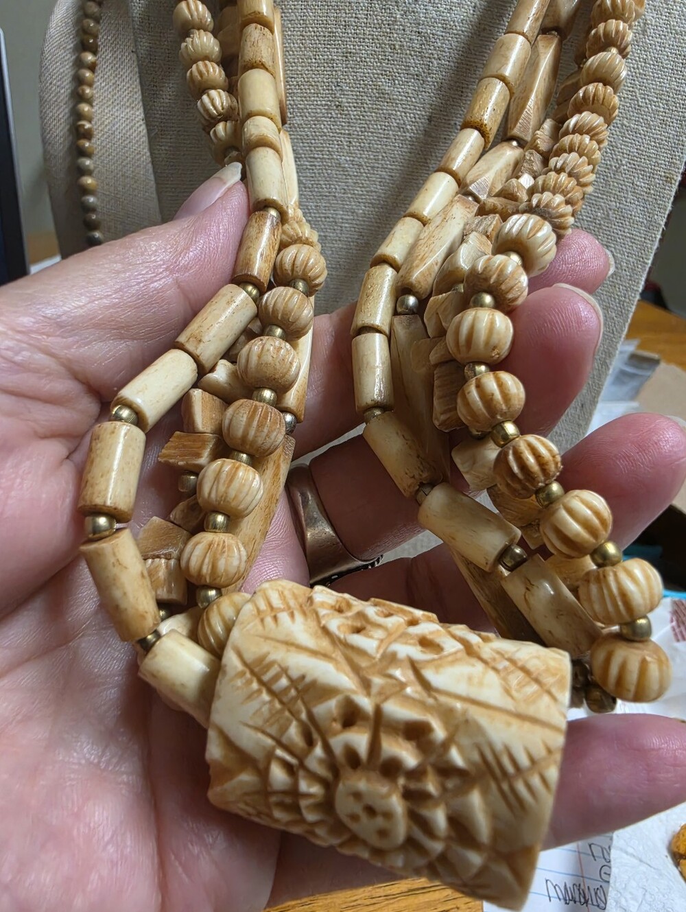 Vintage Hand-Carved Ox Bone 4 Strand Ethnic Boho Statement Necklace - Picture 3 of 8